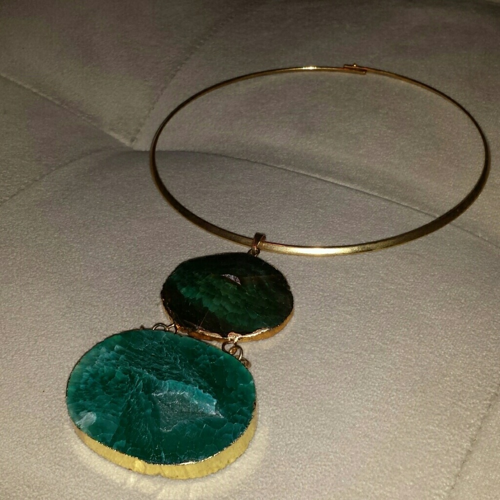 Gold Choker Necklace with Green Druzy Pendant